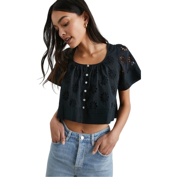 NWT Rails Bambina Black Eyelet Crop Top Short Sleeve Cotton Button Down Sz XL‎ - Picture 1 of 9